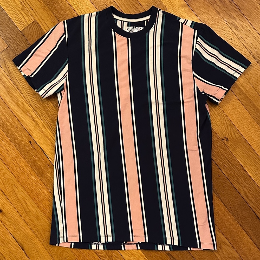 San Francisco Work Shirts The Classic Navy Blue/Pink/White/Teal Striped T-Shirt